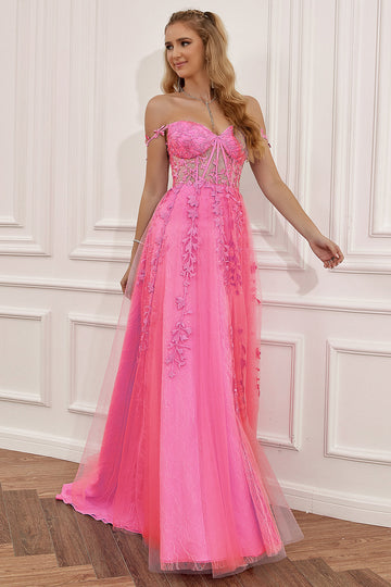 Hot Pink Off the Shoulder Lang Gallakjole med Applikationsappiques